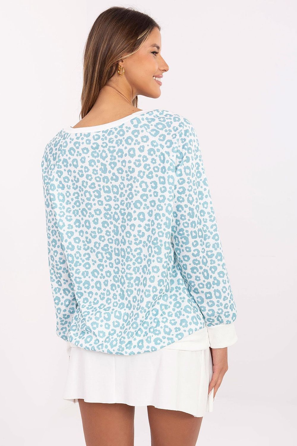 Italy Moda Women's Casual Animal Print Blouse displayed on a model, featuring classic round neckline and versatile design, perfect for modern women's wardrobes.