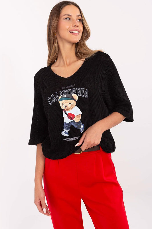 Luxurious Italy Moda women's V-neck sweater featuring charming teddy bear print, crafted from a soft cotton-acrylic blend, ideal for casual wear.