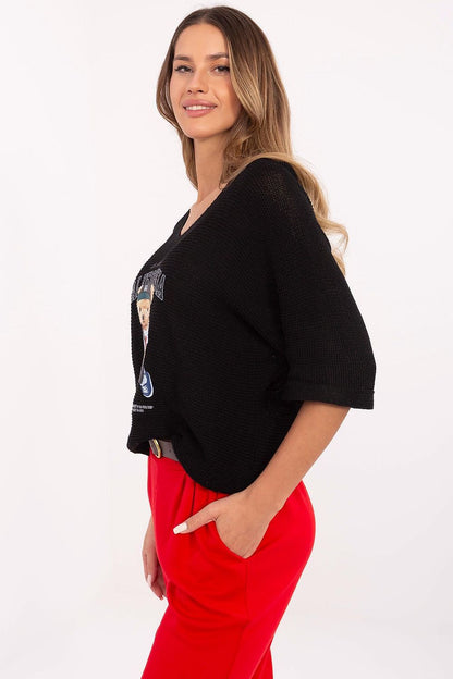 Italy Moda Women's V-Neck Sweater featuring a luxurious teddy bear print, perfect for casual elegance.