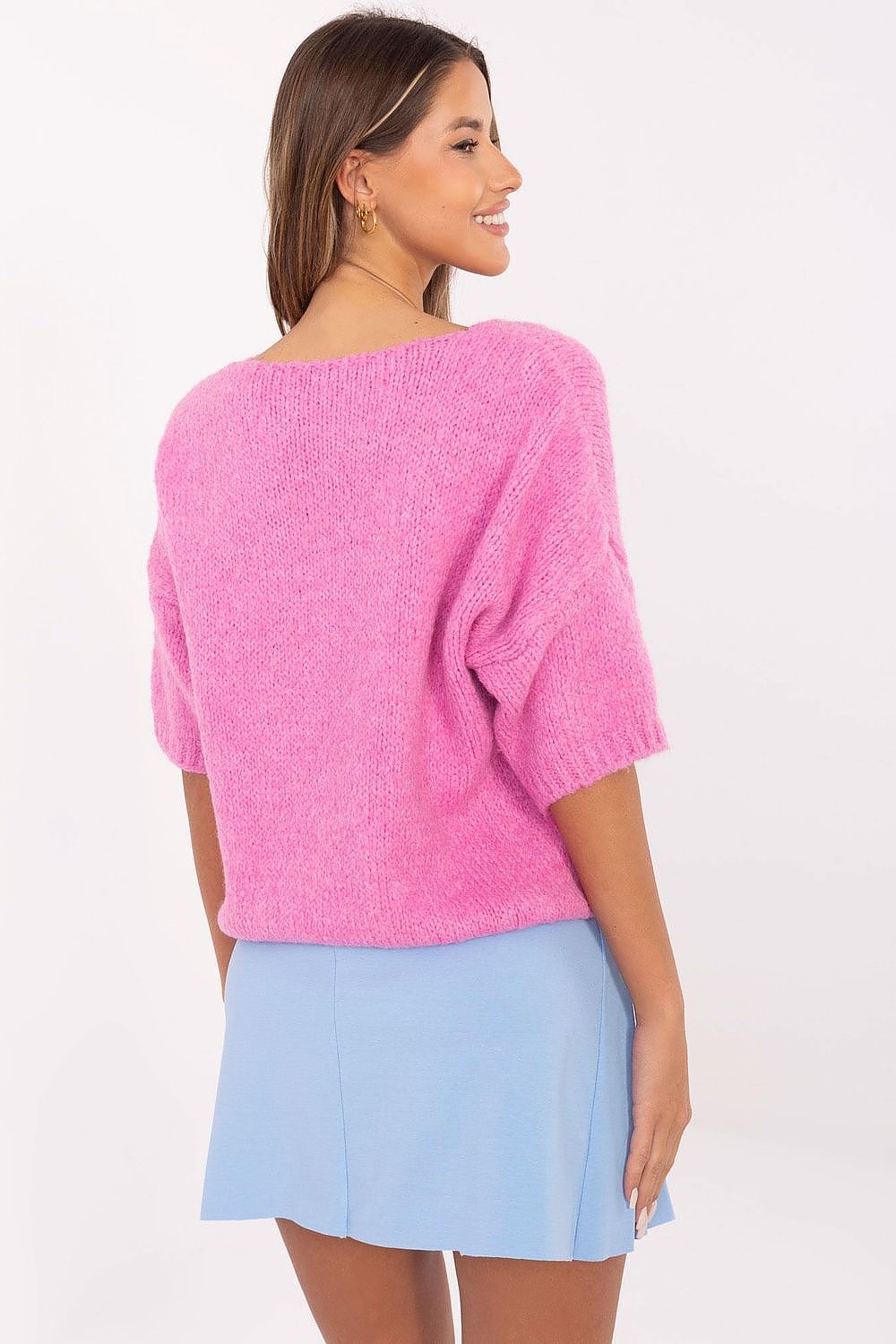 Timeless luxury short sleeve V-neck women's sweater by Italy Moda, showcasing its flattering fit and sophisticated style suitable for various occasions.