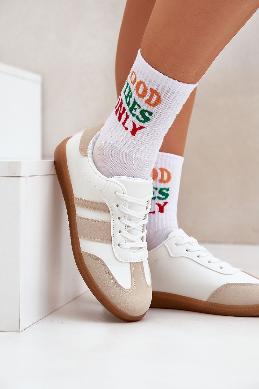 Step In Style Women's Eco-Leather Sneakers in an elegant display, showcasing luxury casual footwear with removable insole for ultimate comfort.