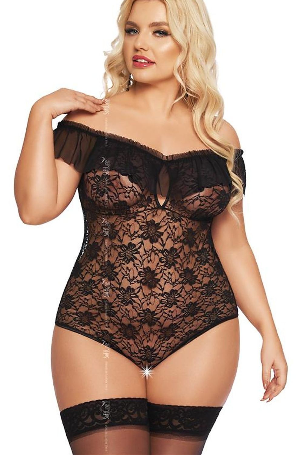 Luxury SoftLine Collection Lace Shapewear Body with Cutout, elegant design ideal for romantic occasions, showcasing seductive lace, available in sizes EU XL to XXXL.