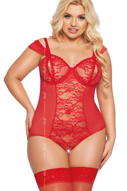 Luxury shapewear bodysuit by SoftLine Collection featuring elegant floral accents, designed to enhance sensuality and self-confidence in sizes EU XL-XXXL.