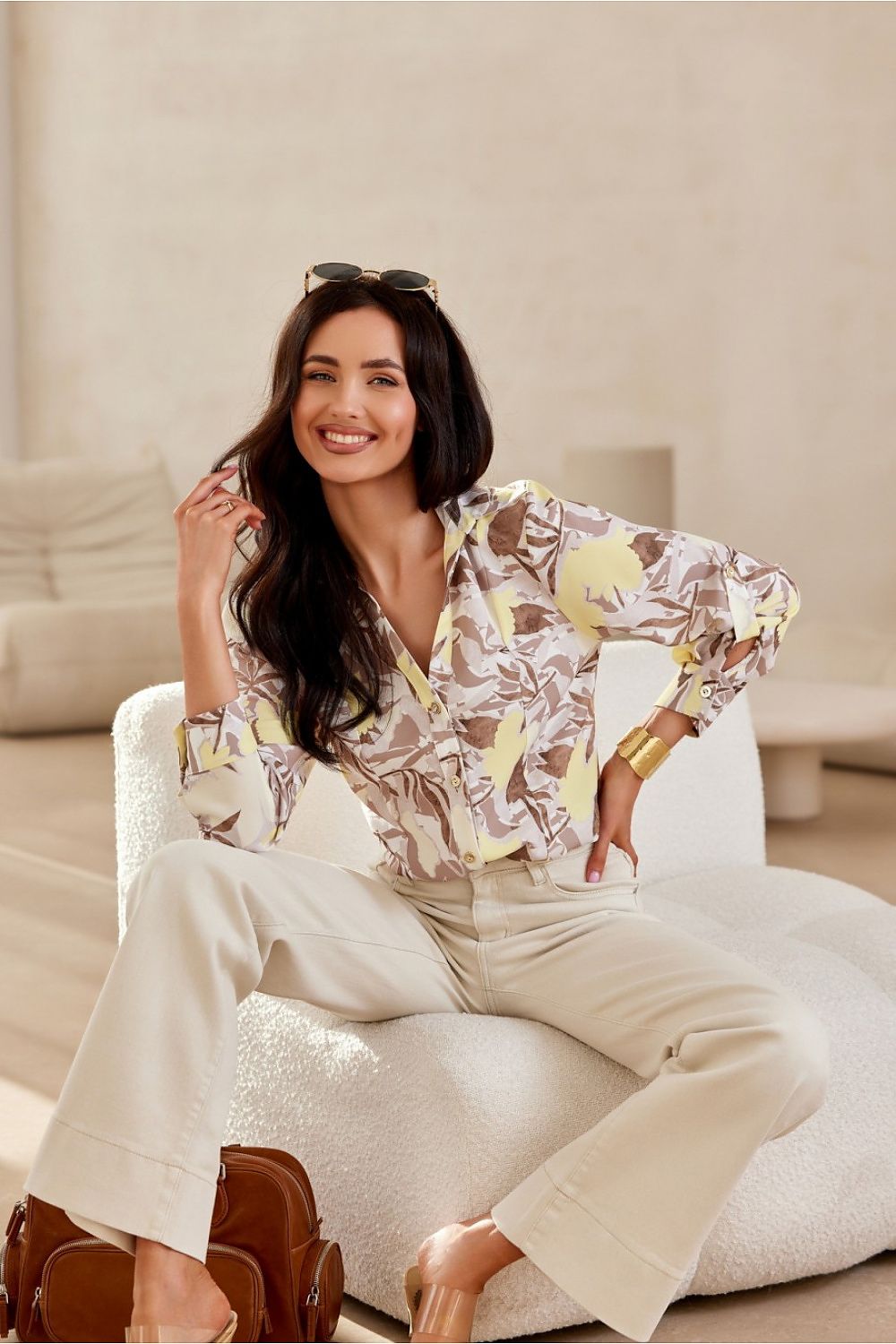 Elegant Roco Fashion women's classic polyester shirt featuring a refined V-neckline and long sleeves, perfect for versatile styling.