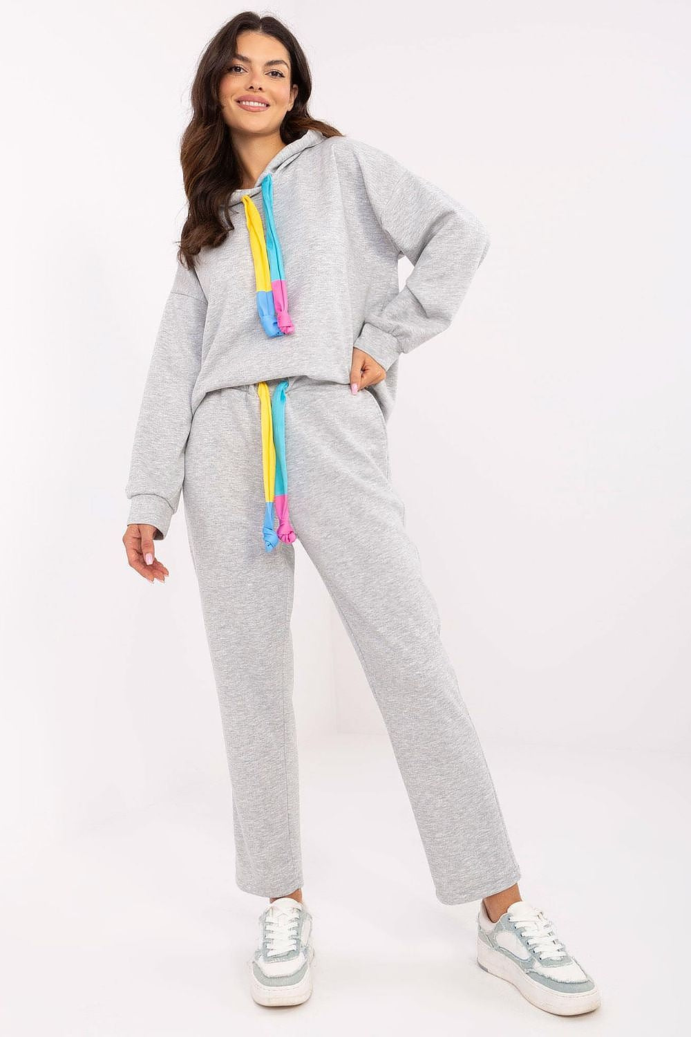 Italy Moda luxury melange grey casual sweat suit set for women featuring a high waist, hooded sweatshirt with drawstrings, and stylish side pockets, perfect for elegant everyday wear.