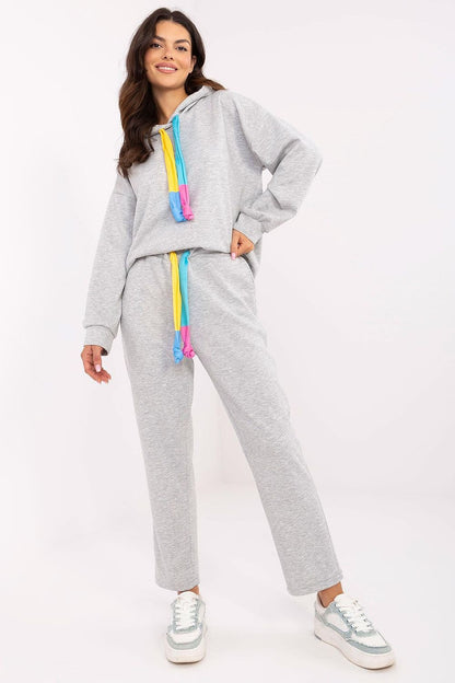 Italy Moda luxury melange grey casual sweat suit set for women featuring a high waist, hooded sweatshirt with drawstrings, and stylish side pockets, perfect for elegant everyday wear.