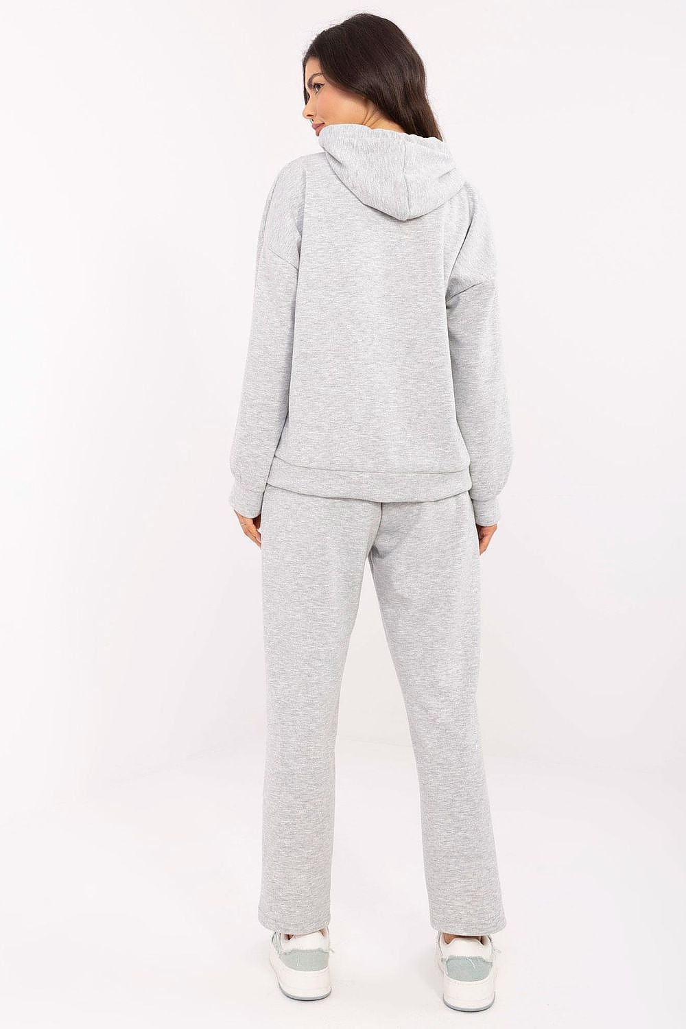 Elegant melange grey casual sweat suit set from Italy Moda featuring a high waist, hooded sweatshirt, and pockets perfect for stylish everyday wear.