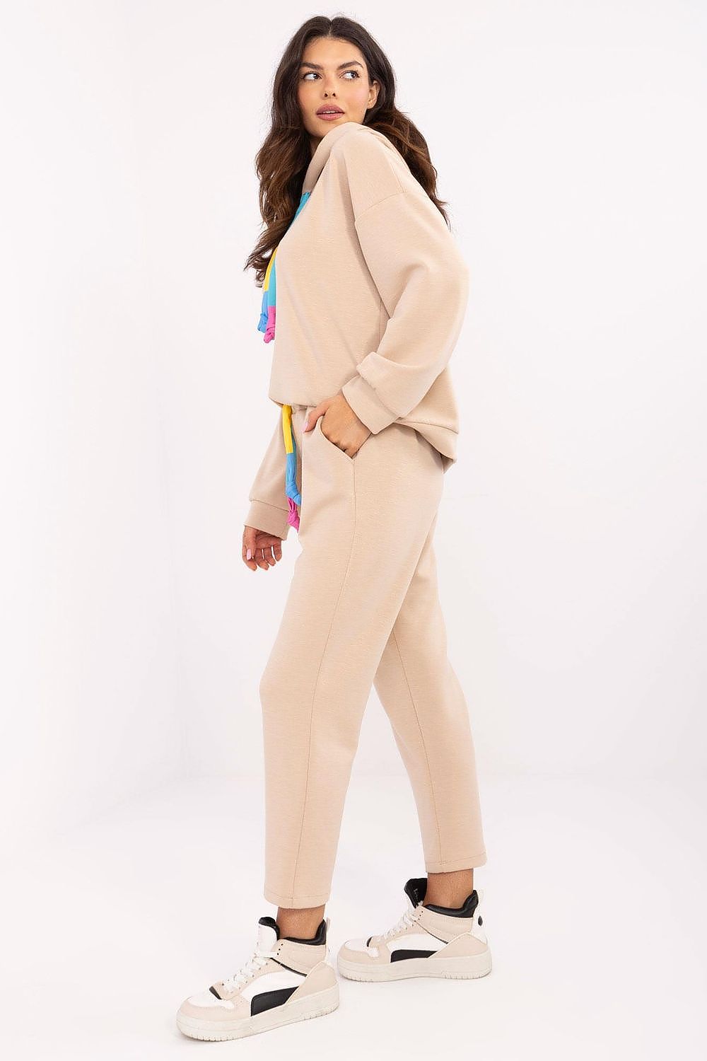 Luxury melange grey Italy Moda casual sweat suit set featuring a high waist and hooded sweatshirt, ideal for stylish everyday wear.