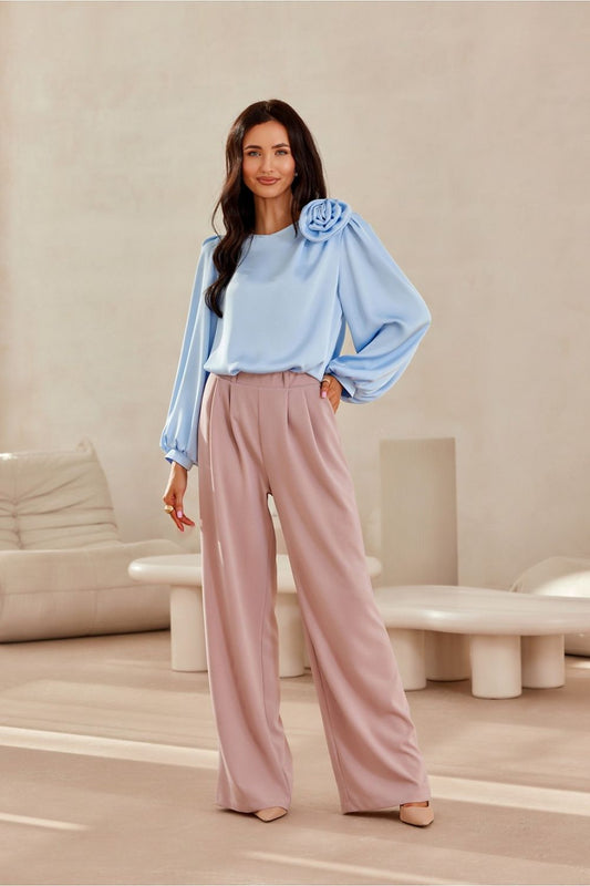 Roco Fashion women's high-waist trousers featuring wide legs, crafted from premium polyester and spandex, designed with side pockets and elegant decorative pleats, available in sizes EU 36-42.
