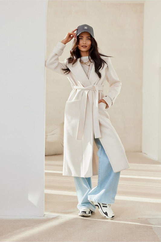 Roco Fashion elegant women's long sleeve coat with classic collar, featuring a waist-tie design and stylish side pockets, perfect for a sophisticated look.