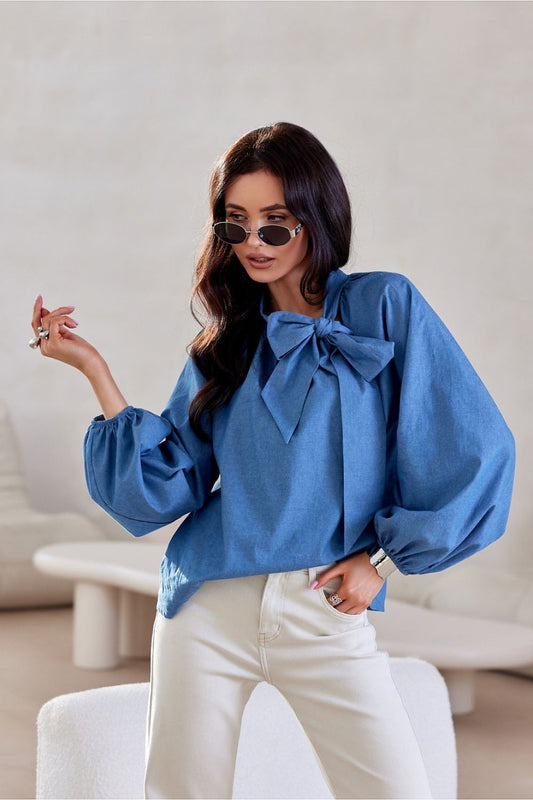 Elegant Roco Fashion cotton blouse featuring long puffy sleeves and decorative lacing, available in sizes EU 36 to 40.