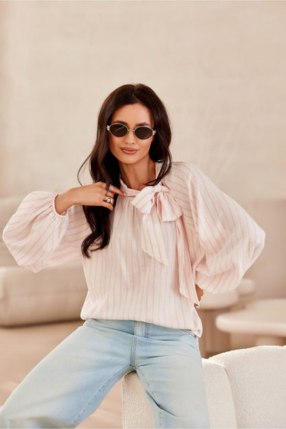 Roco Fashion elegant blouse featuring long puffy sleeves, decorative neck lacing, and crafted from a luxurious blend of viscose and linen, ideal for sizes EU 36 to 40.