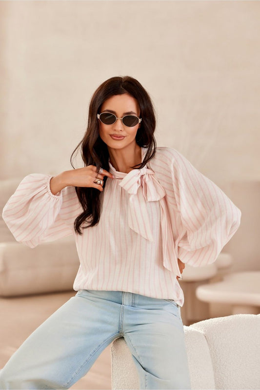 Roco Fashion elegant blouse featuring long puffy sleeves, decorative neck lacing, and crafted from a luxurious blend of viscose and linen, ideal for sizes EU 36 to 40.