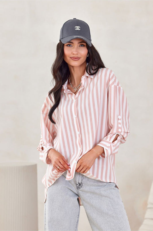 Roco Fashion luxurious oversized long sleeve shirt showcasing decorative buttoned cuffs, featuring an elegant asymmetrical cut, perfect for a chic casual look.