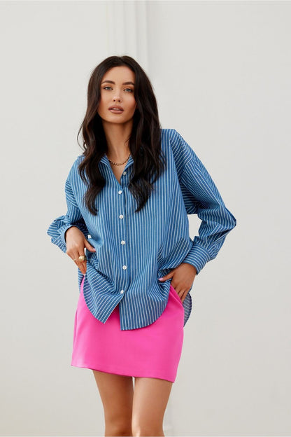 Stylish oversized shirt by Roco Fashion, crafted from 100% cotton with unique asymmetrical styling and decorative cuffs.