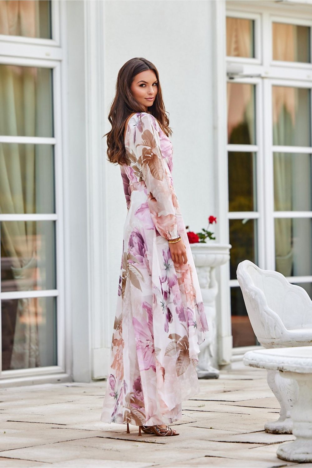 Close-up of Roco Fashion's Asymmetric Maxi Dress showcasing the luxurious fabric and intricate draped neckline details.