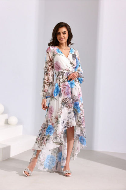 Close-up of Roco Fashion's Asymmetric Maxi Dress design, highlighting the exquisite draped neckline and refined craftsmanship.