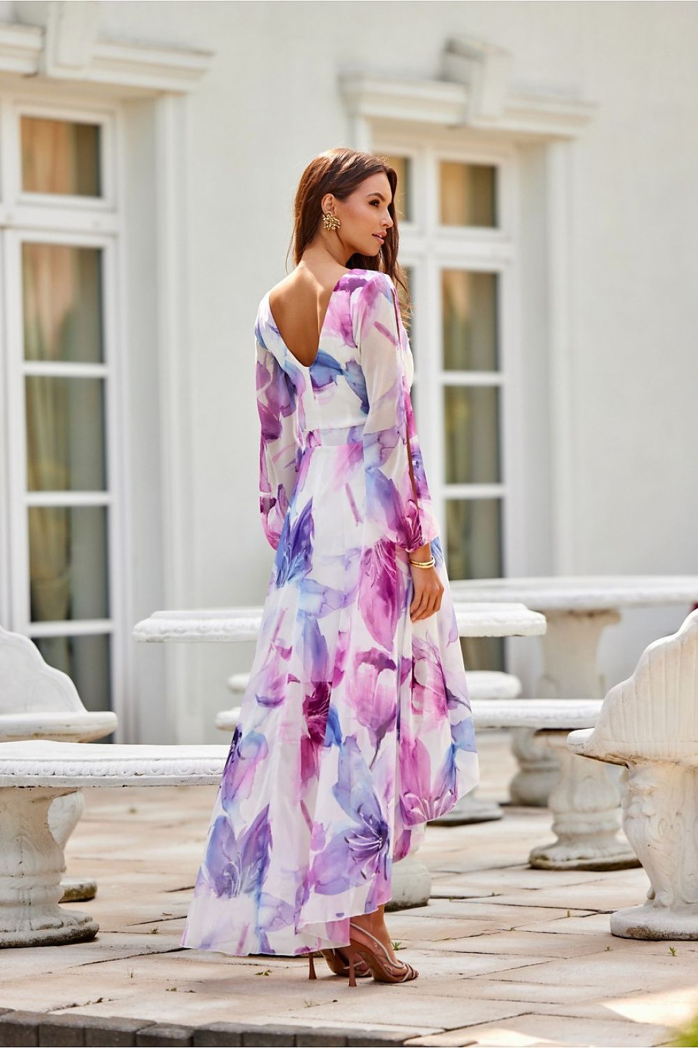 Elegant Roco Fashion Asymmetric Maxi Dress featuring a draped neckline, puffy sleeves, and a sophisticated silhouette, in sizes EU 34-46.