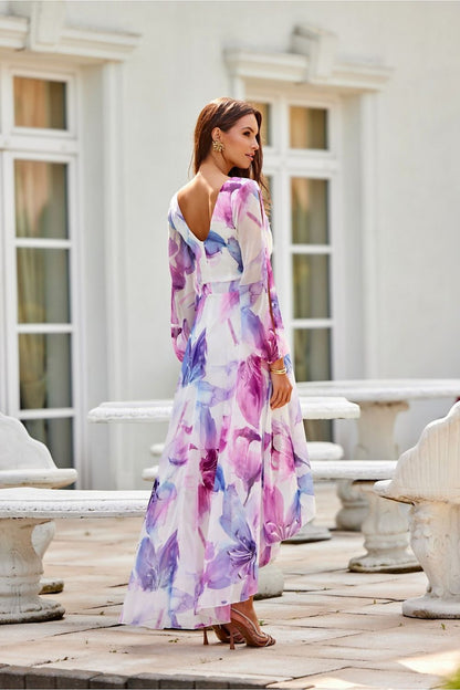 Elegant Roco Fashion Asymmetric Maxi Dress featuring a draped neckline, puffy sleeves, and a sophisticated silhouette, in sizes EU 34-46.