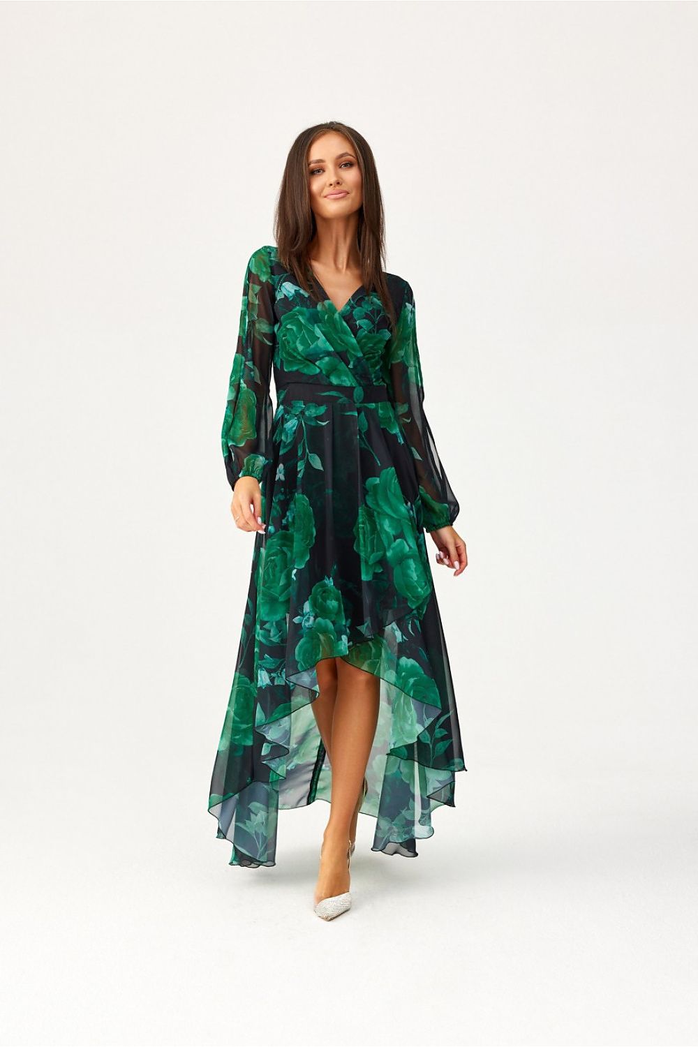 Roco Fashion Asymmetric Maxi Dress in elegant flowy fabric, featuring a draped neckline and puffy sleeves, perfect for any sophisticated occasion.