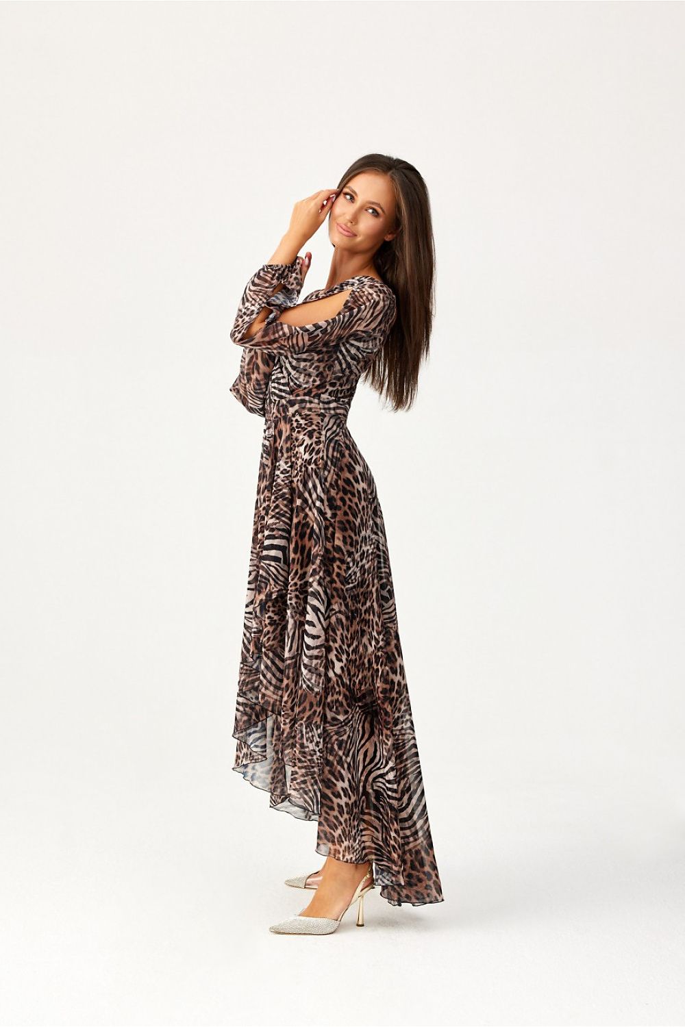 Full view of Roco Fashion's gorgeous asymmetric maxi dress featuring long puffy sleeves and a flattering silhouette, perfect for formal events.