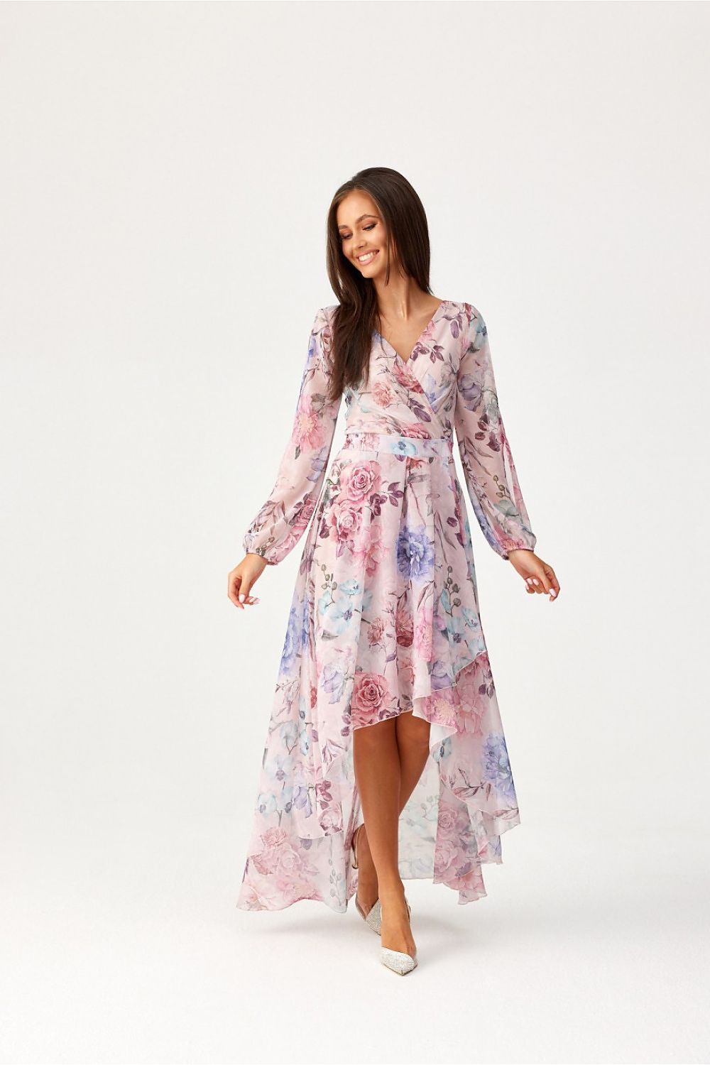 Back view of Roco Fashion's stunning asymmetric maxi dress with a delicate zipper closure and subtle back exposure, designed for a flattering fit.