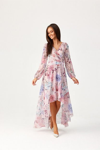 Back view of Roco Fashion's stunning asymmetric maxi dress with a delicate zipper closure and subtle back exposure, designed for a flattering fit.