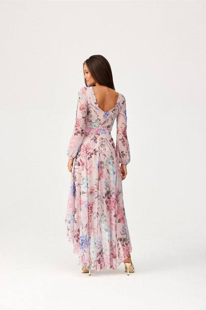 Elegant draped neckline of Roco Fashion's maxi dress, illustrating the luxurious fabric and sophisticated cut that enhances the figure.