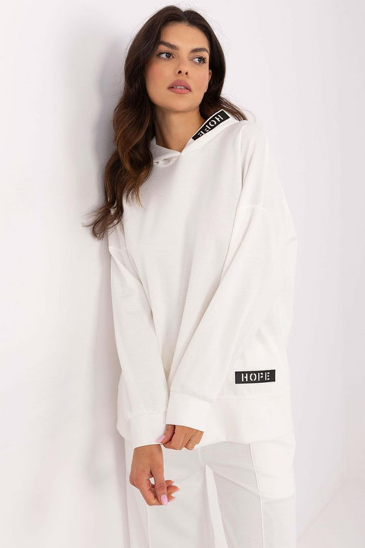 Luxurious Italy Moda women's hooded sweatshirt featuring unique patches, crafted from a soft blend of polyester, elastane, and viscose for ultimate comfort.