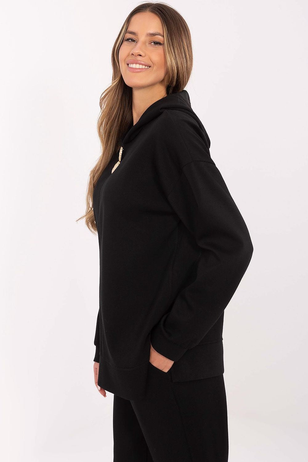 Italy Moda Women's luxury sweatshirt blouse in soft polyester blend with unique side slits and detachable brooches, perfect for casual or sporty styles.