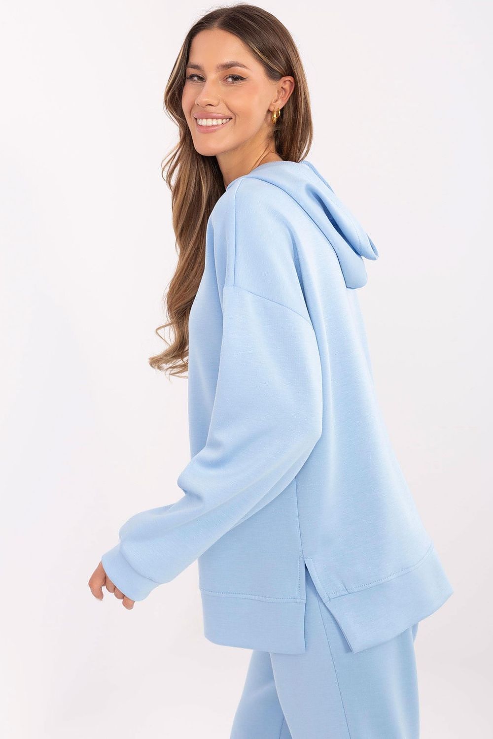 Elegant Italy Moda blouse with long sleeves, hood, and sophisticated design, ideal for fashionable women seeking comfort and style.