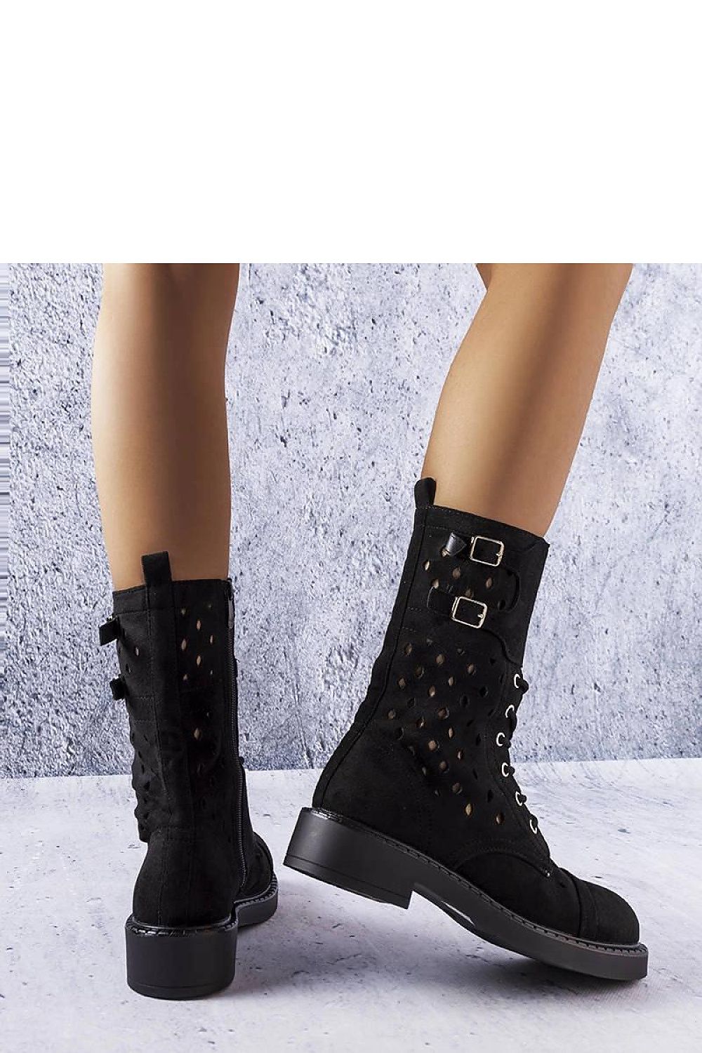 Elegant Solea black openwork ankle boots crafted from eco-friendly suede, featuring diamond-shaped cutouts and a 4cm heel, perfect for a stylish summer look.