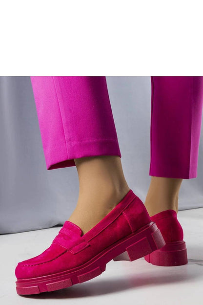 Close-up view of Solea eco-suede pink loafers showcasing the high-quality eco-leather insole and decorative elements.