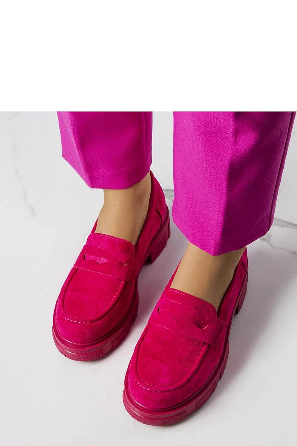 Solea eco-suede pink loafers displayed in various sizes EU 36-41, highlighting their stylish and comfortable slip-on design.