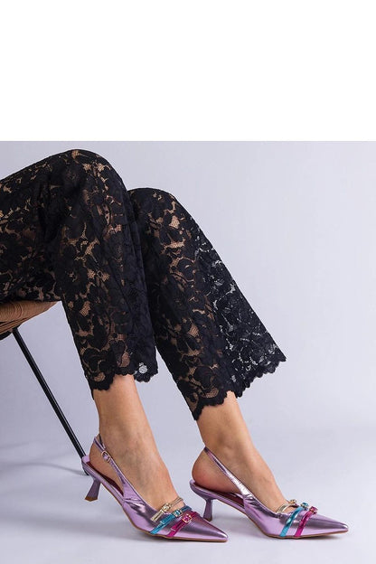 Close-up of Solea purple duckbill pumps showcasing the high-quality eco leather and stylish open heel design.