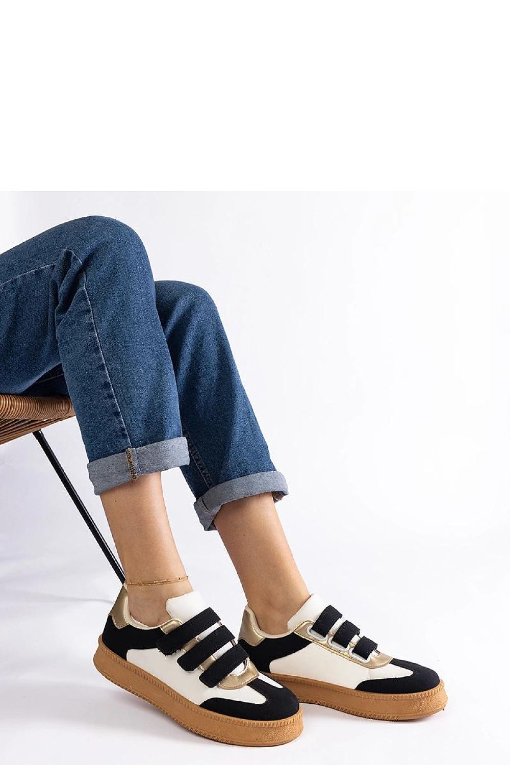 Solea elegant golden sneakers made of eco-leather, showcasing a luxurious design and comfortable Velcro fastening.