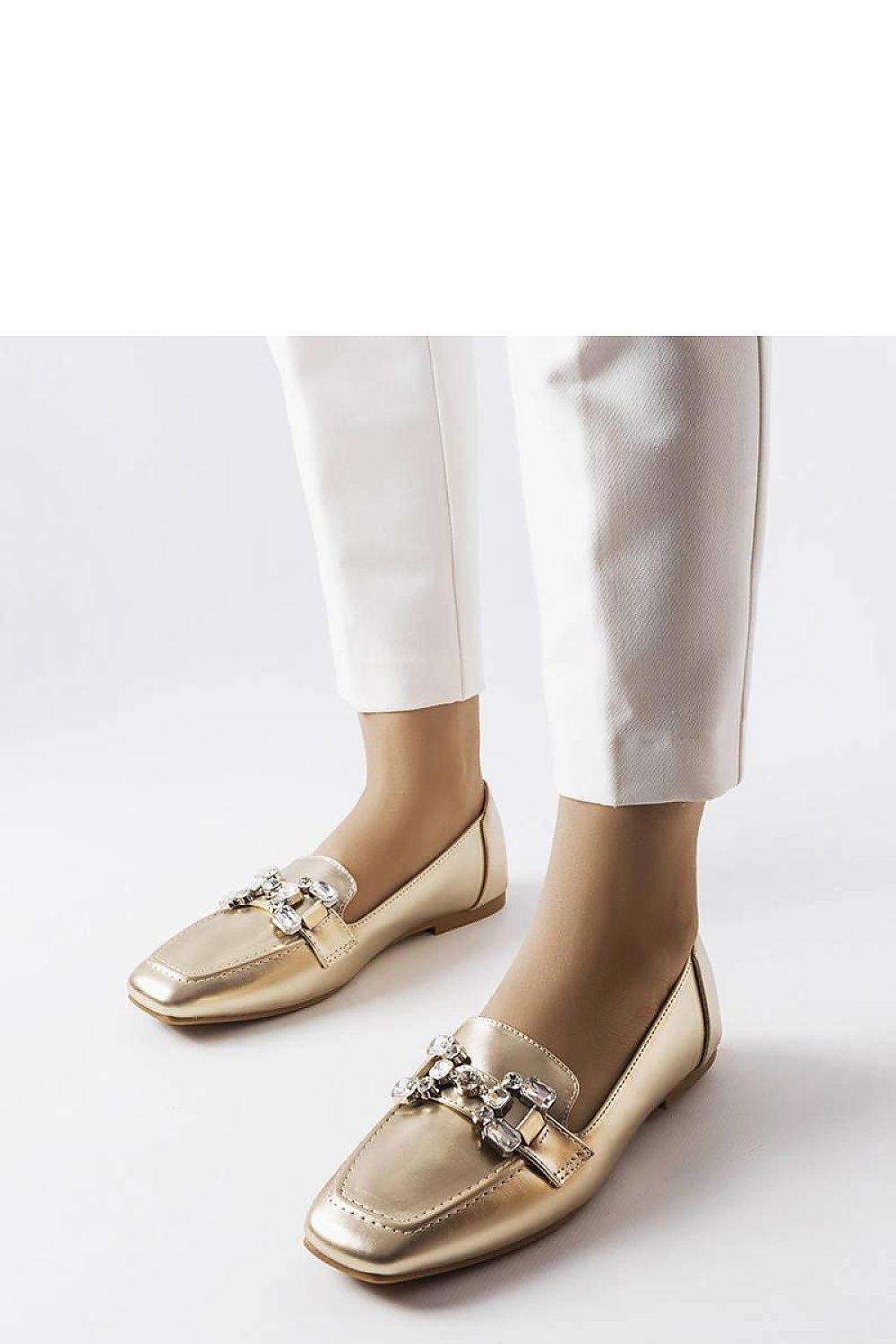 Solea stylish gold moccasins adorned with zircons, crafted from premium eco-leather for elegance and comfort.