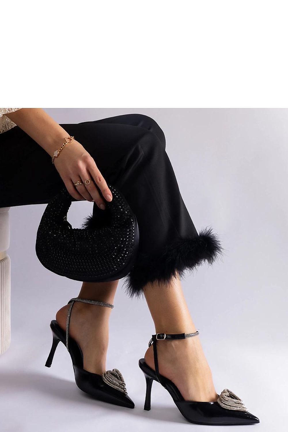 Sophisticated black synthetic leather high heel pumps by Solea, adorned with exquisite zircons, suitable for formal events.