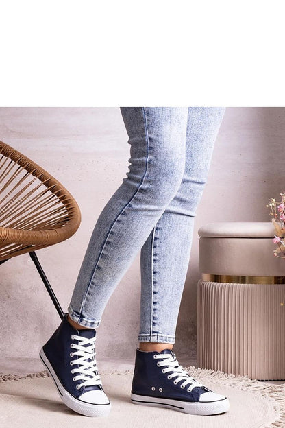 Solea Navy High-Top Sneakers against a minimalist background, highlighting their premium eco-leather material and chic rubber sole for stability and fashion.