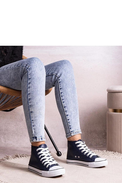 Close-up of Solea Navy High-Top Sneakers, demonstrating the rich texture of eco-leather and detailed craftsmanship, perfect for casual or elegant outfits.