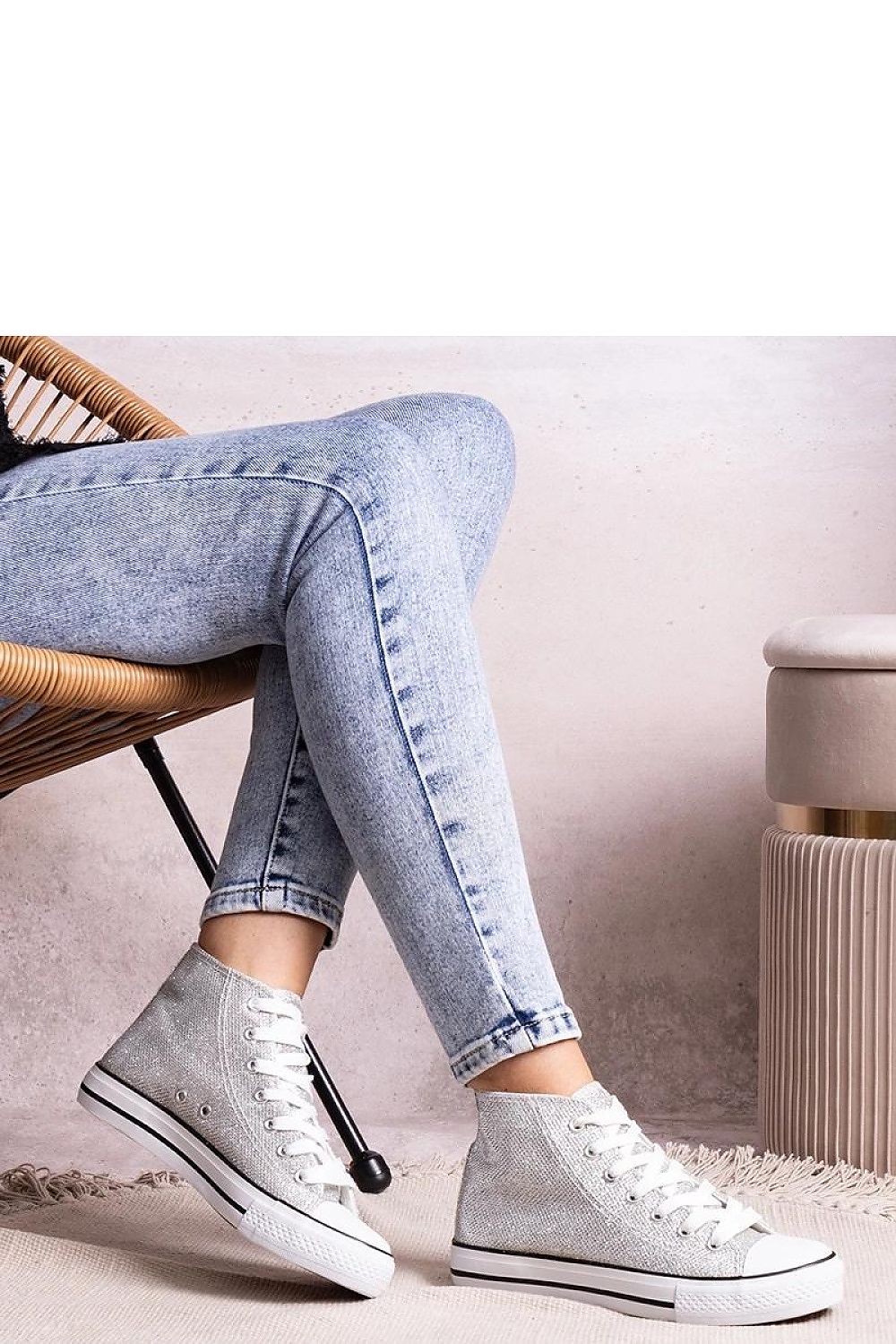 Close-up of Solea high-top sneakers in shiny mesh, highlighting the intricate laced detail and sophisticated round toe design for a chic look.