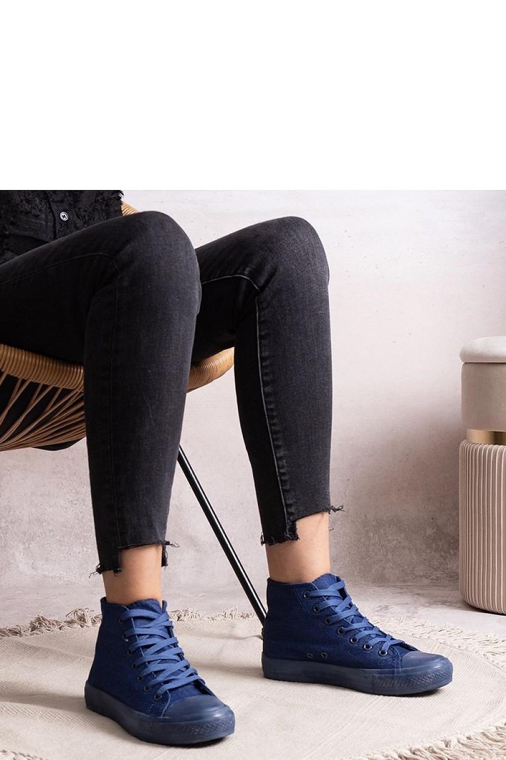 Solea high denim sneakers displayed from above, featuring trendy lace-up style and sturdy rubber sole, ideal for fashion-conscious women.