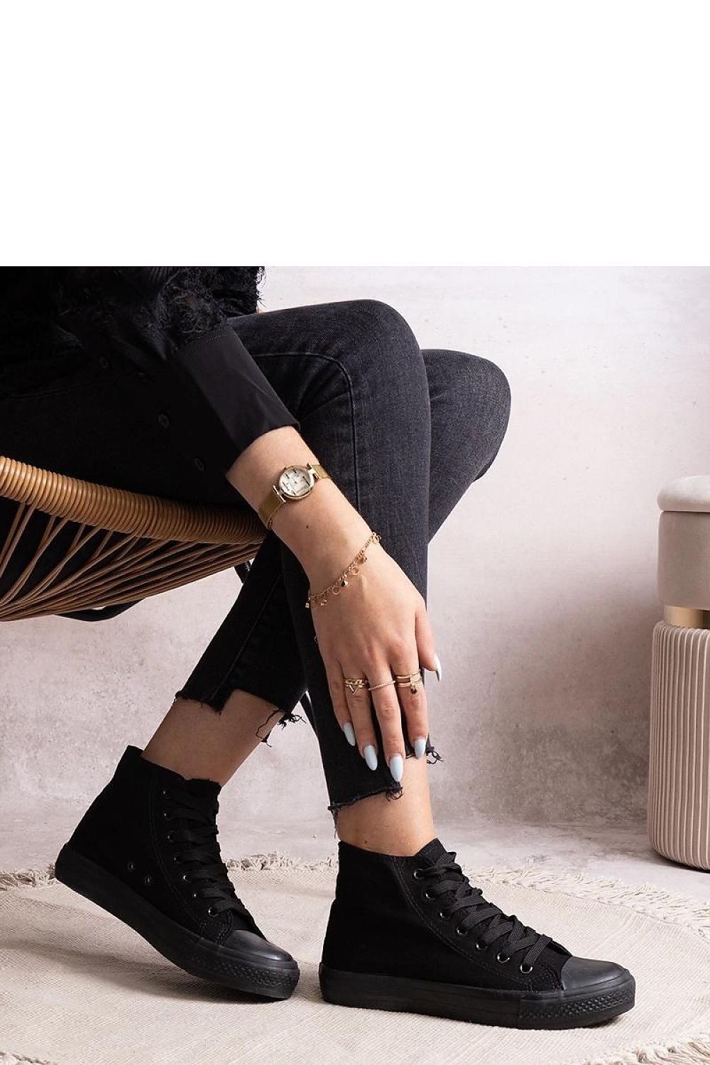 Close-up view of Solea luxury high denim sneakers, highlighting the premium fabric and rubber sole for stability and comfort with every step.