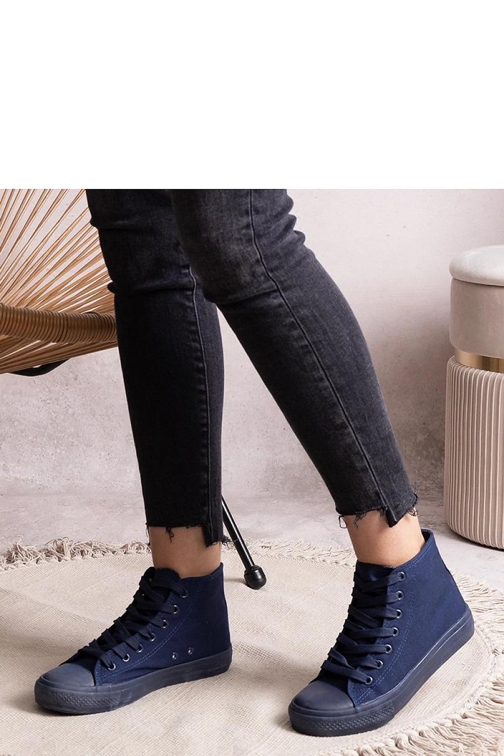 Solea high denim sneakers in blue, elegantly presented with detailed sizing information for discerning customers seeking luxury and comfort.