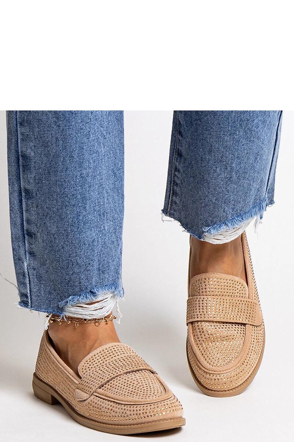 Elegant Solea brown eco-leather loafers adorned with sparkling zircon embellishments, perfect for fashionable summer outings. Slip-on comfort, available in EU sizes 36-41.