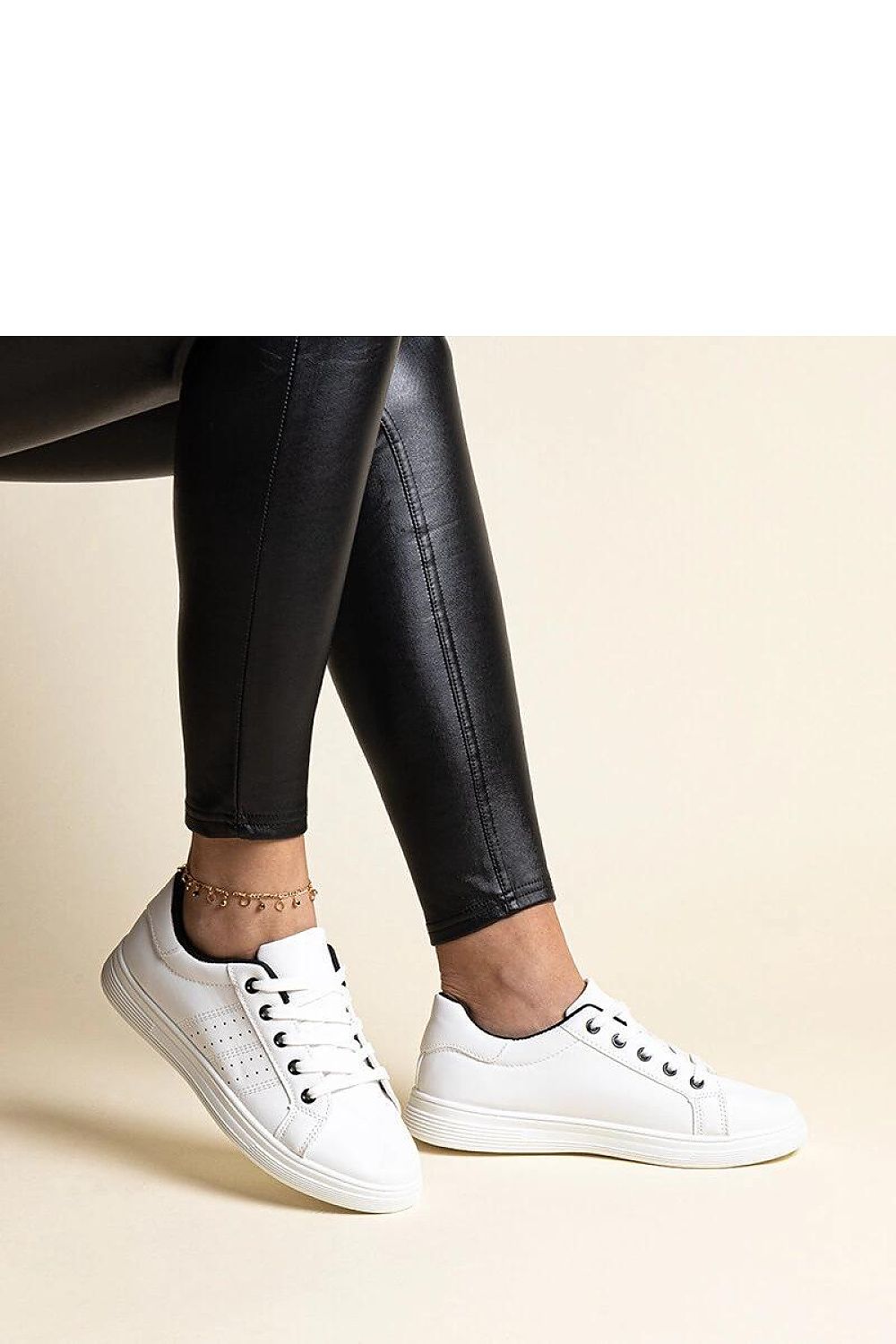Solea White Eco Leather Sneakers with Elegant Black Detail, showcasing stylish rounded toe design and lacing, perfect for luxurious summer fashion.