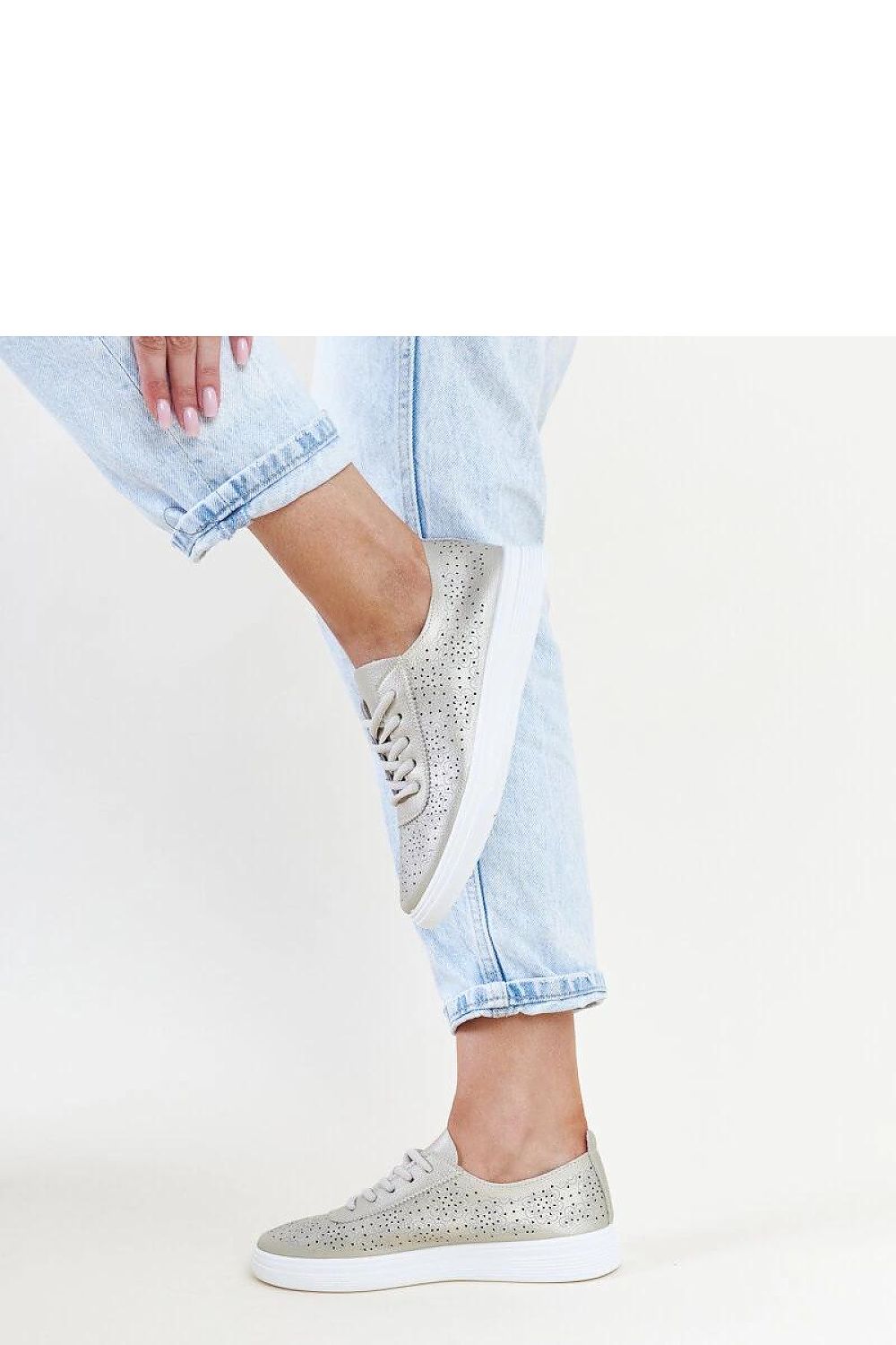 Elegant view of Solea Golden Eco Leather Whitley Sneakers, featuring a rounded toe and sophisticated perforation pattern.