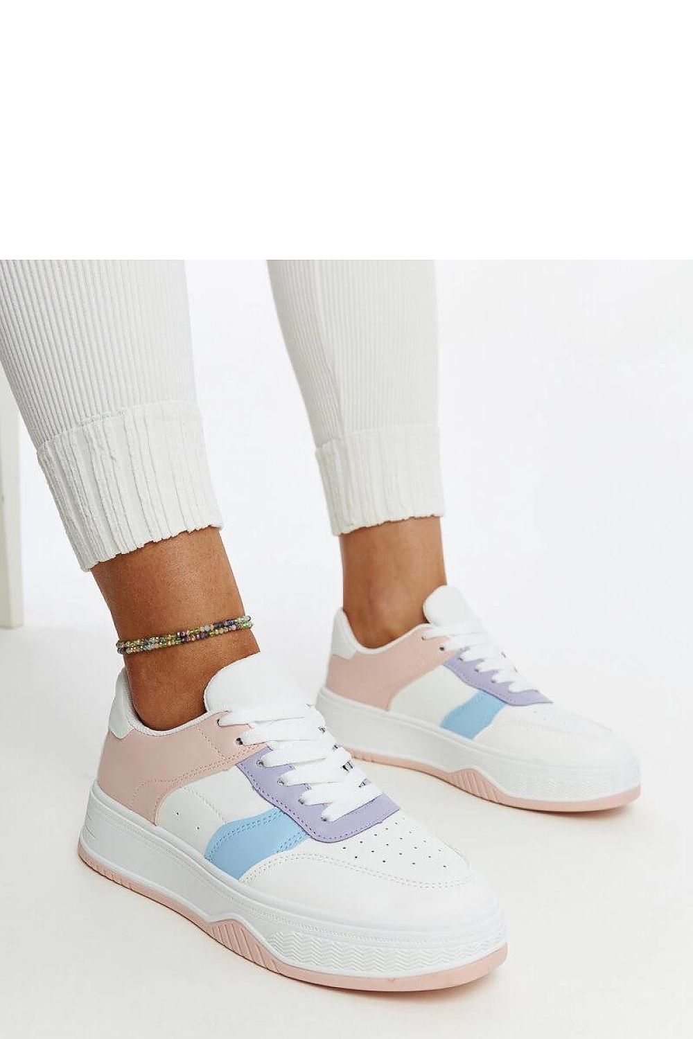 Luxurious Solea white and pink eco leather sneakers featuring a thick rubber sole, perfect for spring and summer fashion.