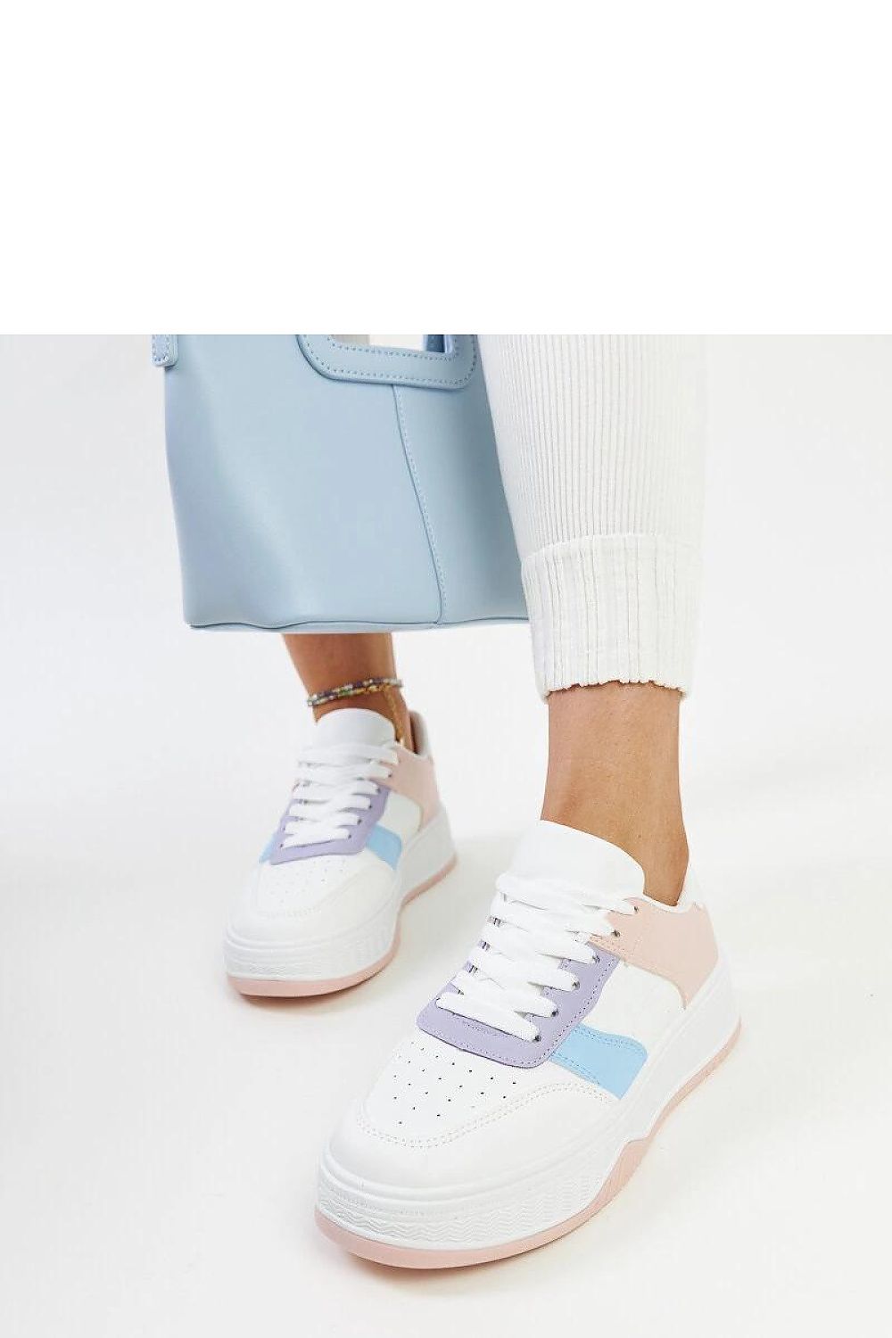 Luxurious Solea white and pink eco leather sneakers with thick rubber sole, designed for style and comfort.