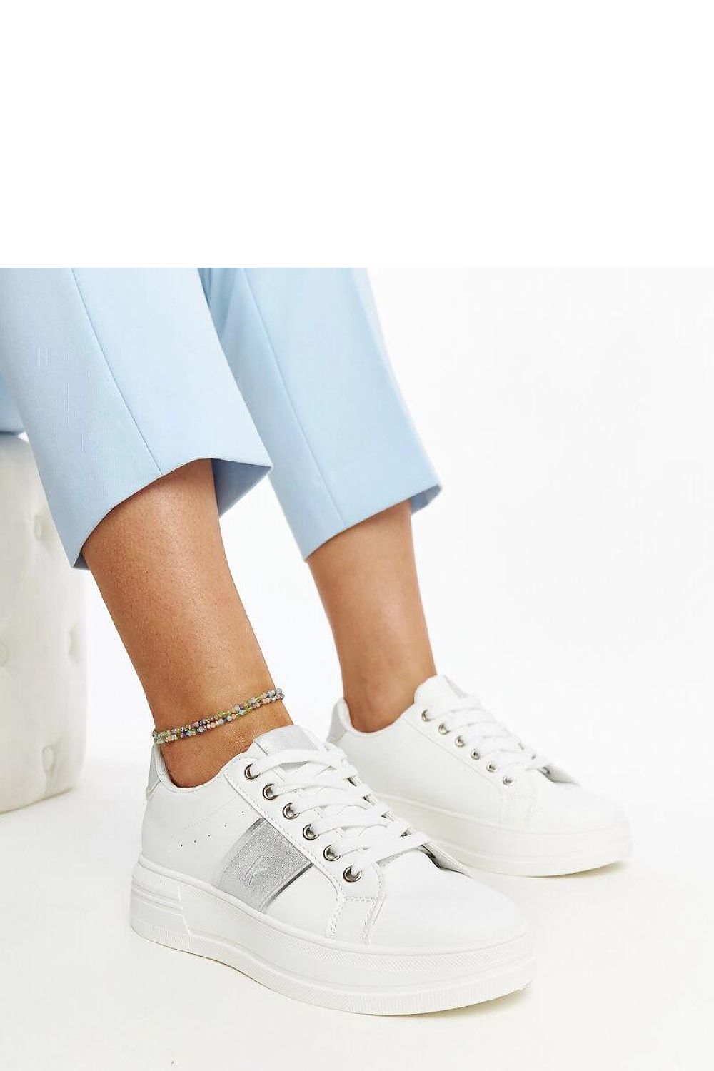 Elegant Finestra White & Silver Sneakers by Solea featuring a thicker rubber sole, perfect for stylish comfort.